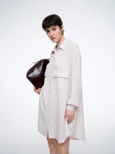Aalyst Women's Spring, Autumn & Summer French Style Commuter Casual Vacation Lapel Utility Pocket Drop Shoulder Loose Linen Striped Shirt Dress